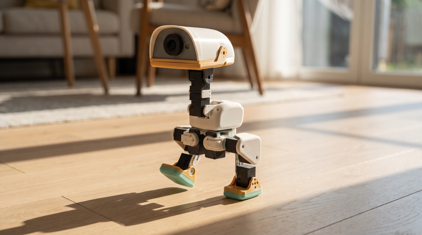 Concept: the duck mid-stride on an oak floor