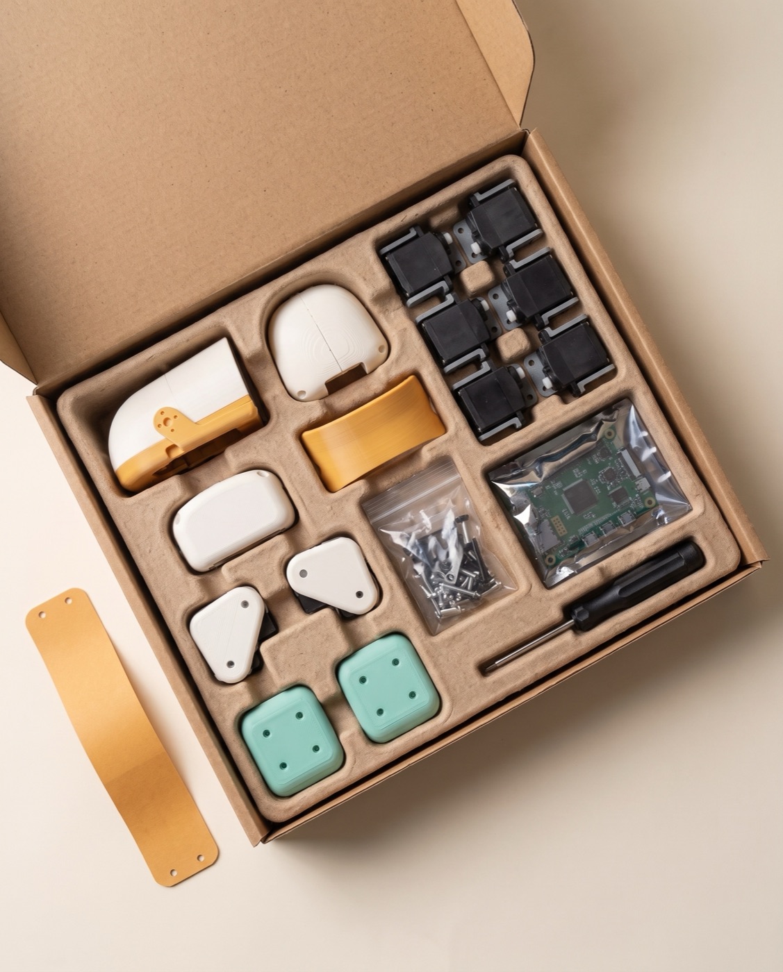 Concept: flat kit box with parts sorted in compartments