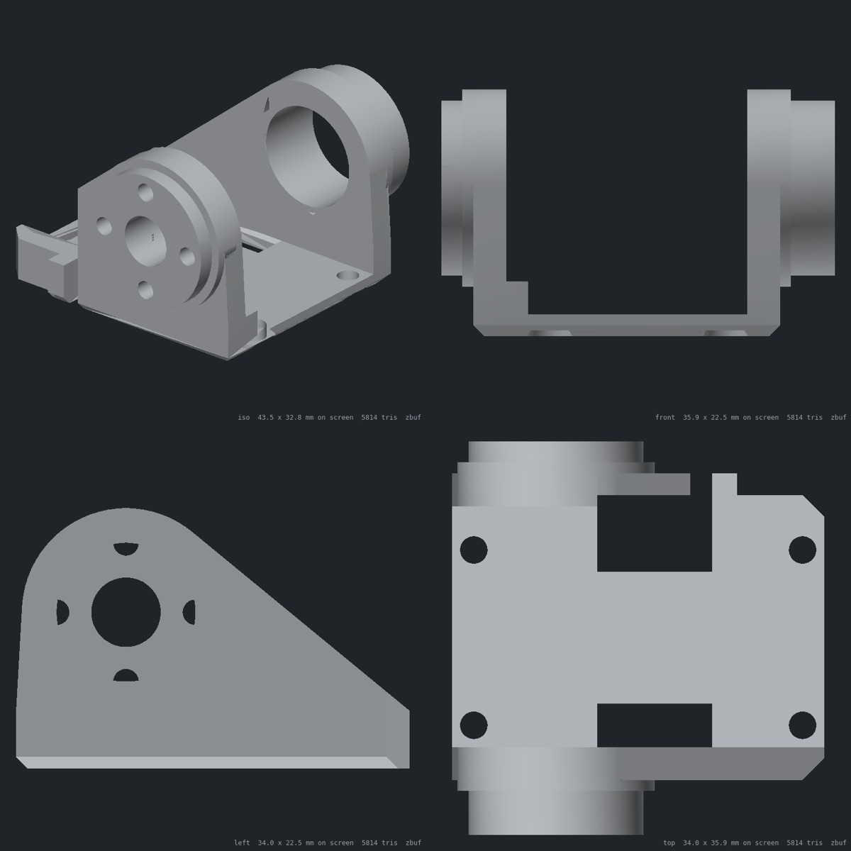 Head yaw bracket, four views